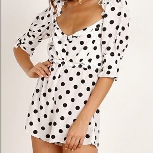 For Love And Lemons White and Black Polka Dot Romper